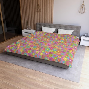60&#39;s 70&#39;s Hippie Flowers Microfiber Duvet Cover with Pink Blue Yellow Daisies, Mod Bedding, Psychedelic Bedroom Decor, Boho Comforter Cover