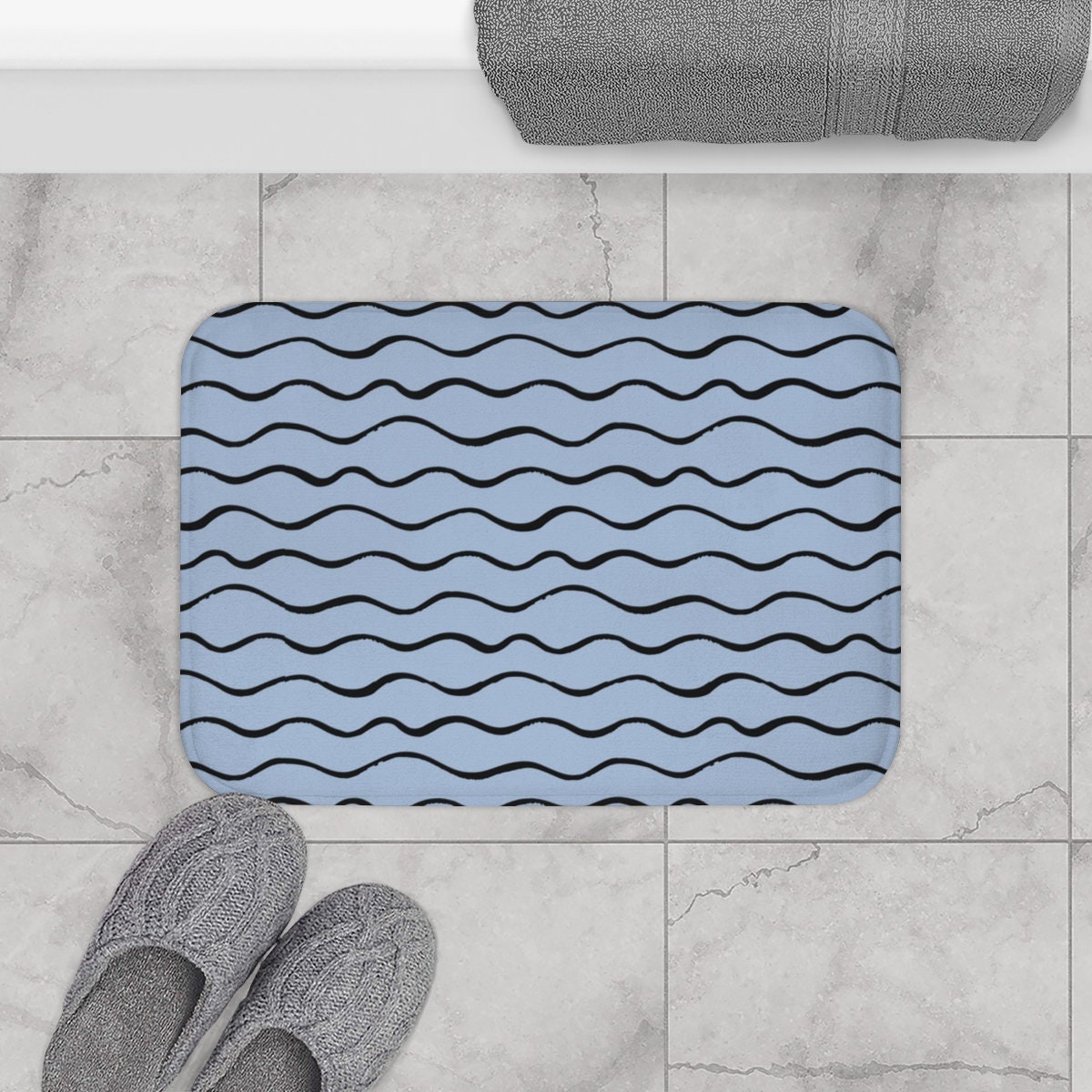 Blue and Black Wavy Lines Bath Mat, Steel Blue Vertical Lines Shower