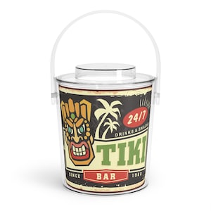 Vintage Tiki Sign Ice Bucket with Tongs, Tropical Bar, Summer Party Supplies, Drink Chiller, Home Bar Decor, FREE SHIPPING