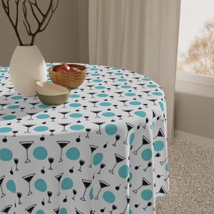 Retro Martinis Tablecloth, Cocktail Party Decor, Dinner Party Table Protector, Martini Glasses and Turquoise Circles, Stylish Table Cover