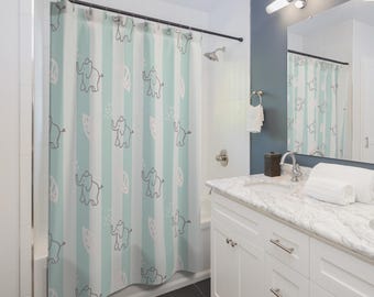 Cute Elephants Shower Curtain, Striped Jungle Leaves Bathroom Decor, Kids Bath Curtain, Adorable Animal Home Gift, FREE SHIPPING