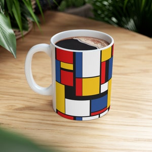 11 oz Mondrian Coffee Cup, Piet Mondrian Mug, Modern Art Mug, Home Office, FREE SHIPPING