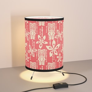 Retro Red Tiki Bedroom Lamp, Tiki Table Lamp, Tropical Tiki Heads and Flowers Shade, Exotic Hawaiian Tiki Pattern, Luau Party Light