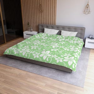 Beautiful Hawaiian Flowers Microfiber Duvet Cover, Soft Green Tropical Bedding, Aloha Style Bed Linens, Beachy Bedding, 4 Sizes