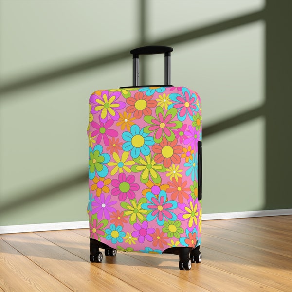 60's Hippie Flowers Luggage Cover with Pink Blue Yellow Daisies, Mod Suitcase Protector, Psychedelic Baggage Wrap, 3 Sizes