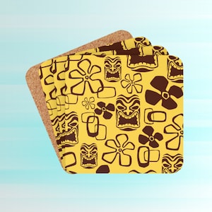 Juego de posavasos de 4 piezas con cabeza de Tiki y flores tropicales, protectores de muebles con cabezas de Tiki amarillas, decoración Tiki hawaiana, accesorios de barra Tiki Retro