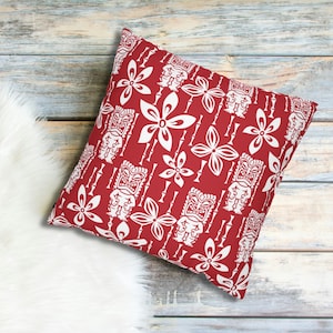 Red Tropical Tiki Pillow Cover, Midcentury Modern Tiki Heads and Flowers Pillow Cover, Retro Vibe, 4 Sizes, FREE SHIPPING!