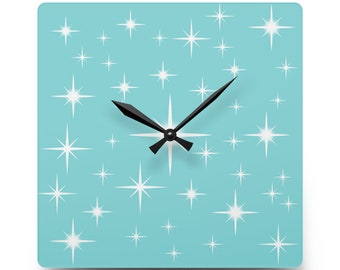 Mid-Century Modern Acrylic Square Wall Clock, Teal Blue and White Starbursts, Retro Stars Kitchen Clock, 3 Sizes, FREE SHIPPING!