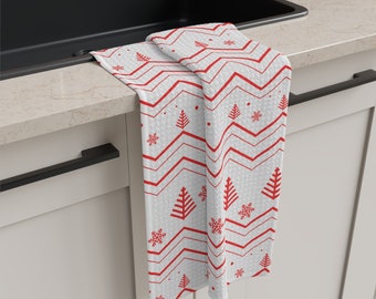 Festive Red Christmas Tree Tea Towel, Vintage Style Dish Towel, Holiday Kitchen Towel, Retro Decorative Dish Towel
