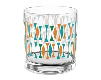 Mid-Century Modern Turquoise and Orange Rocks Glass, 10oz Retro Hourglass Design for Cocktails, Whiskey Glass, Drinkware Gift, FREE SHIPPING