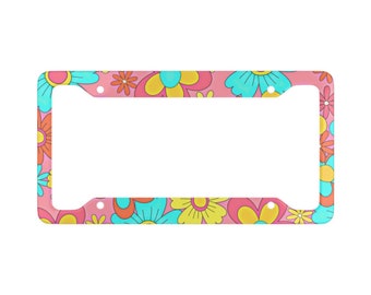 Cute and Colorful 60's Psychedelic License Plate Frame for Cars, Groovy Flower Power Auto License Plate Cover, 70's Retro Car Accessories