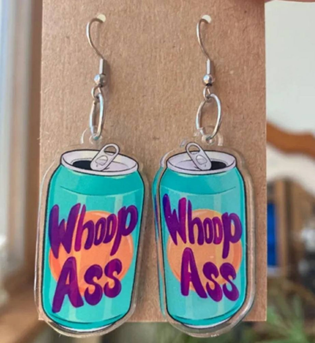 Can of Whoop Ass Earrings, Drink Earrings, Novelty Earrings, Funny