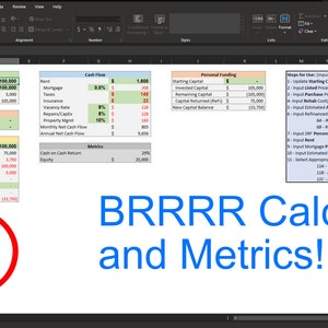 Może przedstawiać: Ekran komputera wyświetlający arkusz kalkulacyjny z tytułem "BRRRR Calculator and Metrics!" Arkusz kalkulacyjny zawiera kolumny dla "Acquisition", "Rehab", "Refinance", "Cash Flow", "Personal Funding" i "Steps for Use". Arkusz kalkulacyjny jest oznaczony jako "Easy to Use!" w czerwonym balonie.