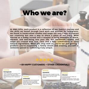 以下が含まれることがあります： 画像には「Who we are?」というテキストと顧客の声が掲載されています。テキストは、天然成分で作られた手作りのキャンドルと石鹸について説明しています。手はキャンドルを持っており、背景はぼやけています。