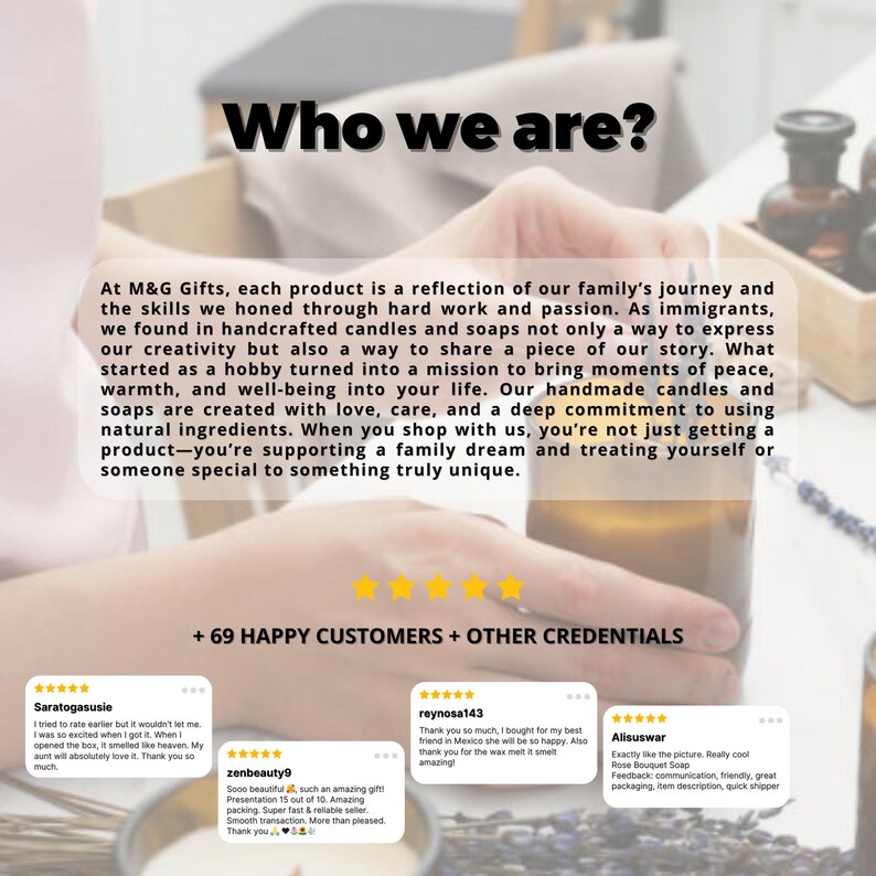 以下が含まれることがあります： 画像には「Who we are?」というテキストと顧客の声が掲載されています。テキストは、天然成分で作られた手作りのキャンドルと石鹸について説明しています。手はキャンドルを持っており、背景はぼやけています。