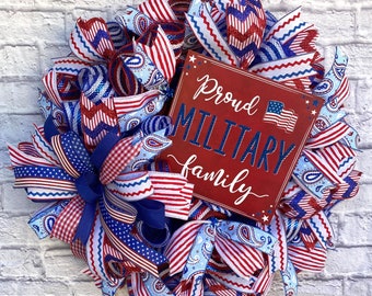 Patriotic Military Family Wreath, Veteran Wreath, Patriotic Wreath for Door, Memorial Day Wreath, 4th of July Wreath, Patriotic Door Hanger