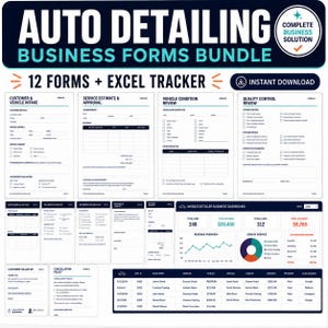 May include: An auto detailing business forms bundle featuring 12 printable forms and an Excel tracker. The documents include customer intake, service estimates, vehicle condition reviews, quality control, and a mobile detailer business dashboard.