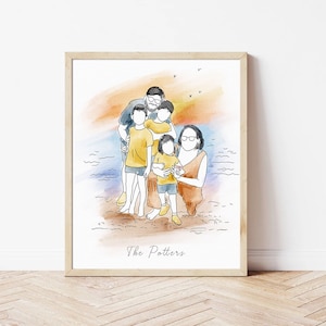 Family Photo To Watercolor Line Drawing, Custom Family Portrait Drawing, Personal Gift for Dad