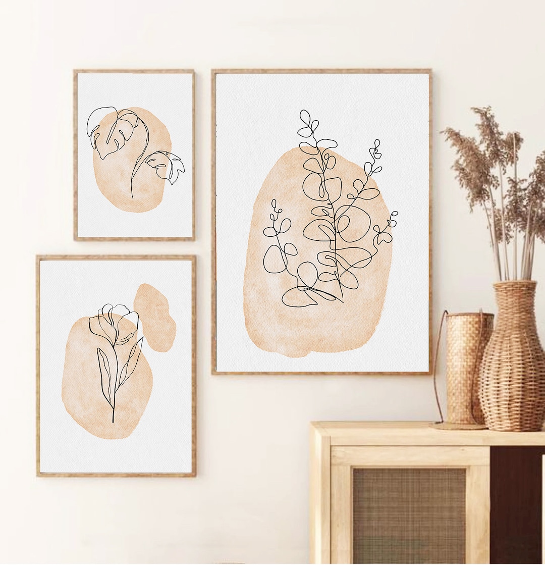 Botanical Line Art Prints: Beige Minimalist Set of 3 (digital Download ...