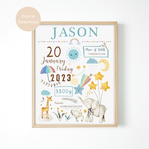 Anuncio de nacimiento personalizado Impresiones de arte de pared de guardería imprimibles, Signo personalizado de estadísticas de nacimiento, Regalo de niño recién nacido, Regalo de nueva mamá y padres