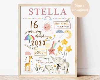 Personalized Baby Birth Announcement, Nursery Wall Art, Birth Stats Sign Baby Nursery Decor Custom Poster, New Mom Gift Newborn Gift