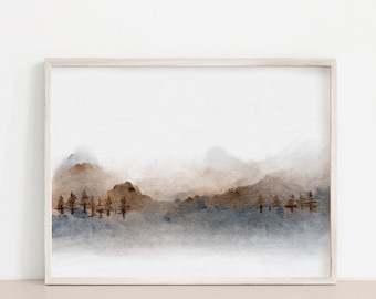 Abstract Landscape Watercolor Art Print: Neutral Mountain Painting (Digital Download)