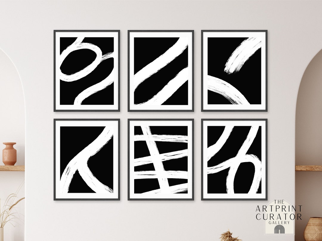Set of 6 Wall Art, Modern Abstract Art, Black and White Wall Art