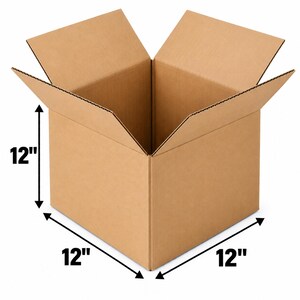May include: A brown corrugated cardboard shipping box with open top flaps. The box is cubic in shape, with black arrows and text indicating dimensions of 12 inches by 12 inches by 12 inches on the height, width, and depth sides of the container.
