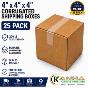 May include: A brown corrugated cardboard shipping box measuring 4 inches by 4 inches by 4 inches. The box is sealed with clear tape. Text on the image includes 4 x 4 x 4 CORRUGATED SHIPPING BOXES, 25 PACK, 200 LB TEST STRENGTH, and KANHA PACKING PRODUCTS.