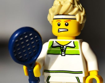 Tennis Ace - genuine LEGO® minifigure / athlete player dude man kid boy sport sports with headband navy dark blue racket blond spikey hair y