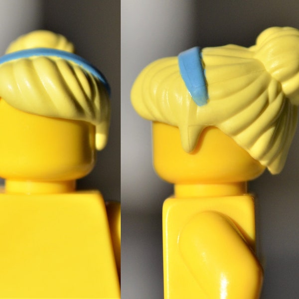 hair - blonde - top knot bun and swept bangs with light blue hairband - genuine LEGO® part // bright light yellow swayed to the side women's