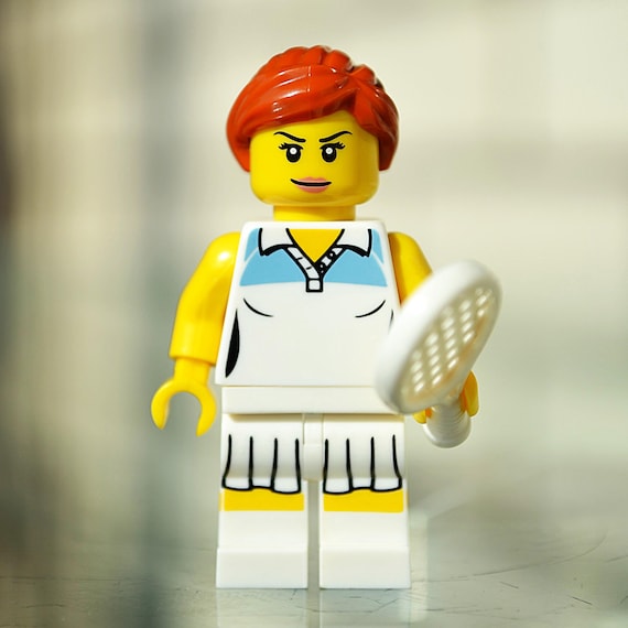 Tennis Player genuine LEGO® minifigure // athlete ace olympian girl woman  female sport sports with white racket skirt orange ponytail
