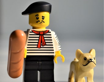 Connoisseur - genuine LEGO® minifigure / with French Bulldog and baguette Frenchman man stereotypical monsieur Frenchmen homme dog Paris y
