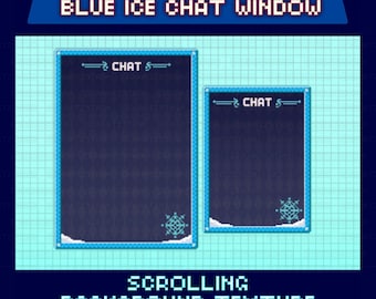 May include: Pixel art graphic featuring two blue ice chat windows with the text "CHAT". The image includes the text "ANIMATED PIXEL ART BLUE ICE CHAT WINDOW" and "SCROLLING BACKGROUND TEXTURE". A snowflake design is visible.
