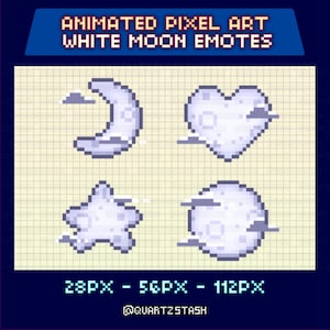 May include: Animated pixel art emotes featuring white moons and clouds. The image includes a crescent moon, a heart-shaped moon, a star-shaped moon, and a full moon, all with pixelated designs. Text at the top reads "Animated Pixel Art White Moon Emotes."