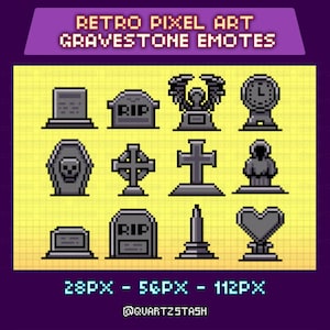 May include: A collection of retro pixel art gravestone emotes in shades of gray, black, and white, set against a yellow background. The image includes various gravestone designs, a coffin, and a heart-shaped tombstone. Text at the bottom indicates sizes: 28px, 56px, and 112px.
