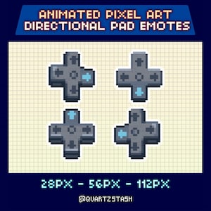 Könnte beinhalten: Animierte Pixel-Art-Steuerkreuz-Emotes. Das Bild zeigt vier graue Steuerkreuze mit blauen Akzenten, die in einem Raster angeordnet sind. Jedes Pad zeigt in eine andere Richtung. Text unten zeigt Größen: 28px, 56px und 112px. Der Ersteller-Handle ist @quartzstash.