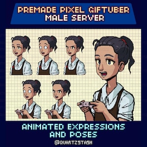 Puede incluir: Gráfico de pixel art que presenta a un camarero con varias expresiones y poses animadas. El camarero lleva una camisa blanca, un delantal marrón y tiene el pelo oscuro. El texto incluye "PREMADE PIXEL GIFTUBER MALE SERVER" y "ANIMATED EXPRESSIONS AND POSES".