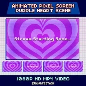 Peut inclure: Écran animé en pixel art avec un motif de cœur violet. Le texte "Stream Starting Soon..." est affiché en blanc. En dessous, trois petits écrans avec des cœurs et du texte. La vidéo est en 1080P HD MP4.