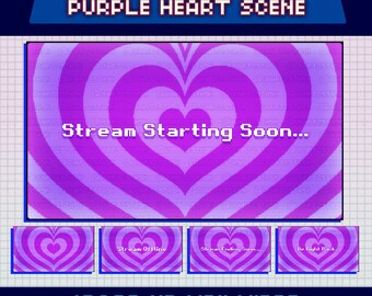 Animated Pixel Heart Scenes, Purple Twitch Overlay Screens, Be Right Back, Starting Soon, Stream Ending, Offline Image, Just Chatting