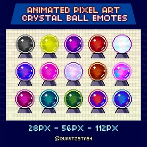 Könnte beinhalten: Eine Sammlung von Pixel-Art-Kristallkugel-Emotes in verschiedenen Farben, darunter Schwarz, Gelb und Lila. Das Bild enthält den Text "ANIMATED PIXEL ART CRYSTAL BALL EMOTES" und Größenoptionen von 28PX, 56PX und 112PX.