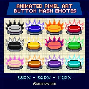 May include: Animated pixel art button mash emotes in various colors, including blue, red, and green. The image features a grid of pixelated buttons with radiating light effects. Text at the top reads "ANIMATED PIXEL ART BUTTON MASH EMOTES".