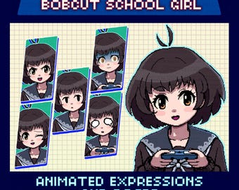 Animated Pixel Giftuber, Cute Bobcut Girl, Premade for Twitch & YouTube, Retro Kawaii Design, 2 Poses, 6 Expressions, Ready to Use