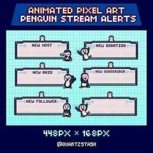 May include: Pixel art graphic with the text "ANIMATED PIXEL ART PENGUIN STREAM ALERTS." Features animated penguins with text boxes for "NEW HOST," "NEW DONATION," "NEW RAID," "NEW SUBSCRIBER," and "NEW FOLLOWER." The image is 448px x 168px.