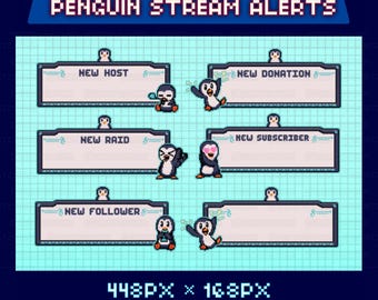 Animated Pixel Penguin Alerts, Twitch Overlay Pack, Cute Winter Arctic Gifs, Raid, Host, Follow, Donation, Subscriber, Direct Download