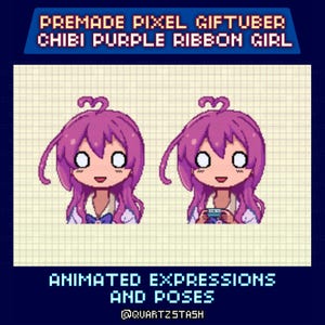 Könnte beinhalten: Pixel-Art-Bild eines Chibi-Mädchens mit lila Haaren und einem Band. Das Bild enthält den Text "PREMADE PIXEL GIFTUBER CHIBI PURPLE RIBBON GIRL" und "ANIMATED EXPRESSIONS AND POSES". Das Mädchen wird in zwei Posen gezeigt.