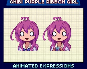 Animated Pixel Giftuber, Chibi Purple Ribbon Girl Model, Premade for Twitch & YouTube, Ready to Use, Pink Hair Avatar, Gamepad Gif Pose