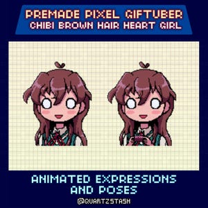 Könnte beinhalten: Digitales Kunstwerk mit zwei pixeligen Chibi-Charakteren mit braunen Haaren und Herzdetails. Der Text lautet "PREMADE PIXEL GIFTUBER CHIBI BROWN HAIR HEART GIRL" und "ANIMATED EXPRESSIONS AND POSES". Der Hintergrund ist kariert.