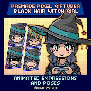 Op de afbeelding: Pixel art afbeelding van een zwart-harige heksenmeisje met geanimeerde uitdrukkingen en poses. De heks draagt een zwarte hoed met een teal band en een ster. De tekst "PREMADE PIXEL GIFTUBER BLACK HAIR WITCH GIRL" is inbegrepen.