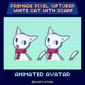 Op de afbeelding: Pixel art geanimeerde avatar van een witte kat met een rode sjaal. De kat heeft blauwe ogen en wordt in twee poses getoond. De tekst bovenaan luidt "Premade Pixel Giftuber White Cat With Scarf". De tekst onderaan luidt "Animated Avatar."